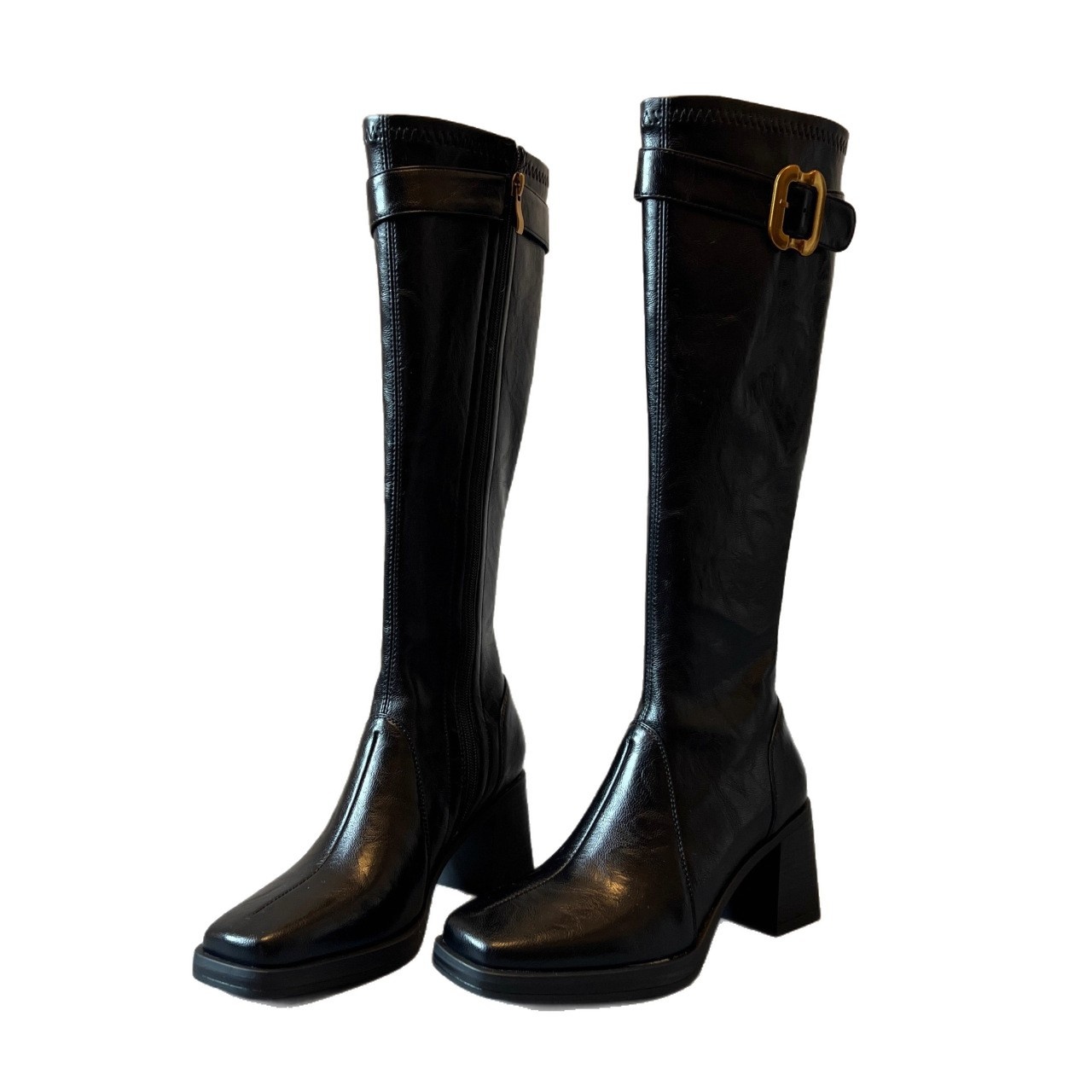 Chaussure ShoeGlobe en cuir de vachette ~ Cuir véritable, boucle en métal, semelle épaisse, talon compensé montant au-dessus du genou, style Knight._voghion.com