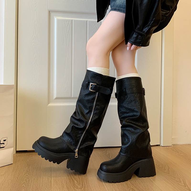 ShoeGlobe Damen-Reitstiefel im postapokalyptischen Stil mit dicker Sohle, runder Zehenpartie und langem Schaft, Xinjiang-Stil, neue schwarze, figurformende Sommer-Reitstiefel_voghion.com