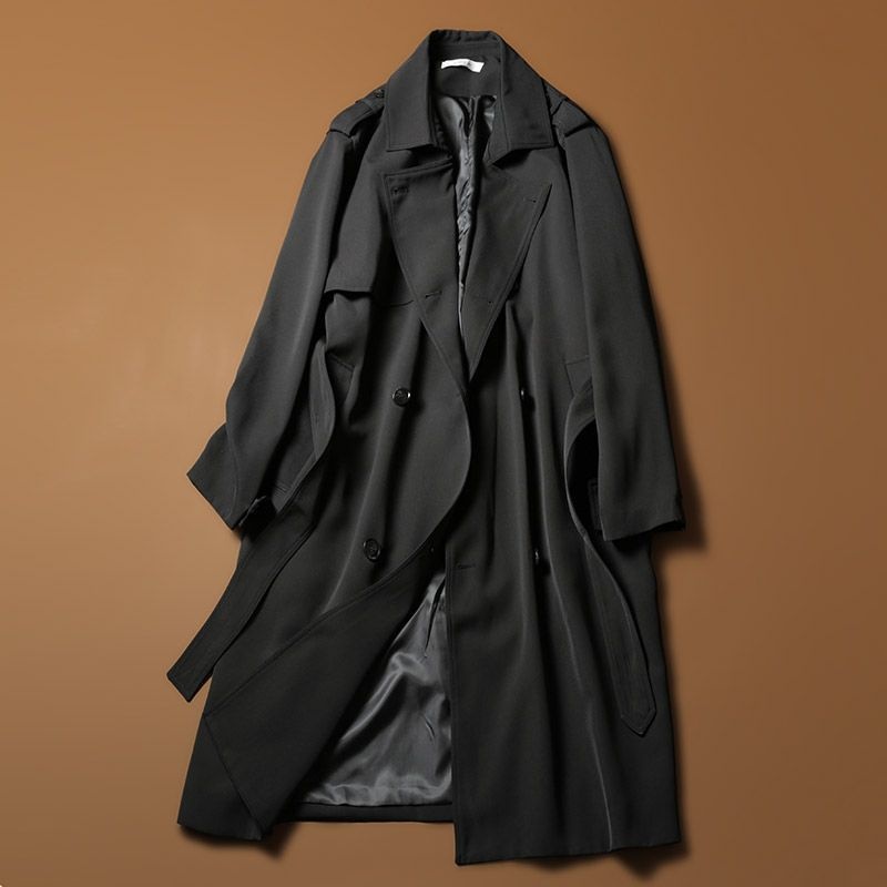 Women's British Style Lapel Mid-Length Trench Coat For Men, Spring And Autumn, Draped Double-Breasted Loose Oversized Long Coat_voghion.com