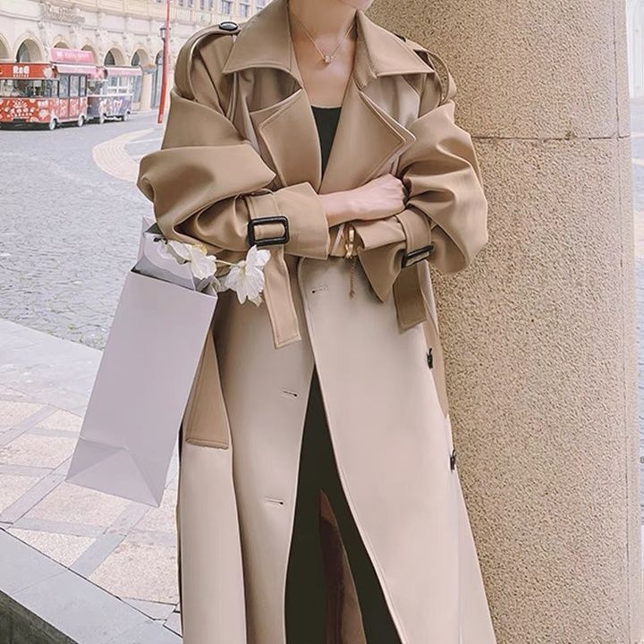 Modischer, eleganter Trenchcoat für Damen, mittellang, Herbst 2022, neuer Stil, Farbblock-Design, Overknee-Schnitt_voghion.com