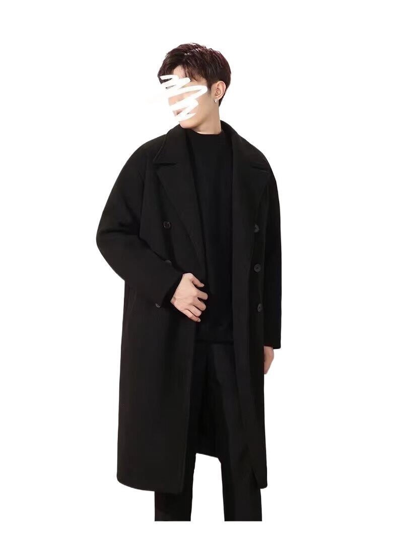 boy Boy Trench Double-Breasted Black Mid-Length Coat Men's Autumn Winter Woolen Jacket_voghion.com