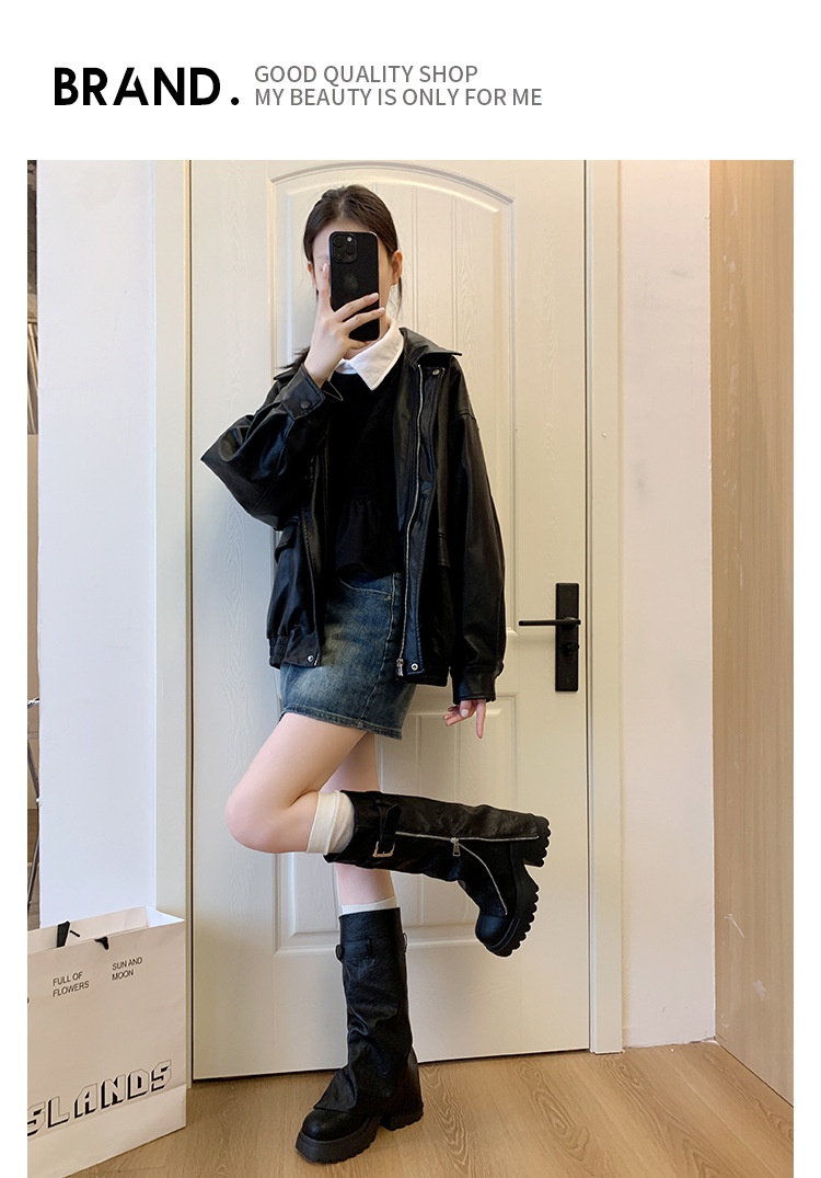 ShoeGlobe Damen-Reitstiefel im postapokalyptischen Stil mit dicker Sohle, runder Zehenpartie und langem Schaft, Xinjiang-Stil, neue schwarze, figurformende Sommer-Reitstiefel_voghion.com