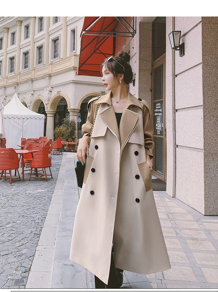 Modischer, eleganter Trenchcoat für Damen, mittellang, Herbst 2022, neuer Stil, Farbblock-Design, Overknee-Schnitt_voghion.com