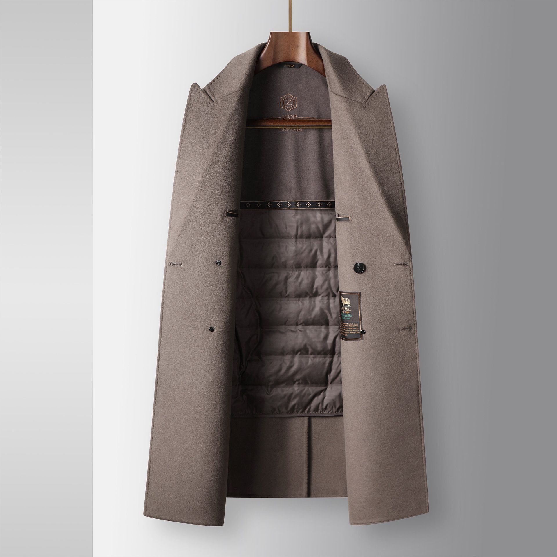 Manteau long d'automne-hiver pour homme, 100 % laine, col à revers pointus, doublure amovible en duvet d'oie, idéal pour les jeunes professionnels d'âge mûr. Chaud et confortable._voghion.com