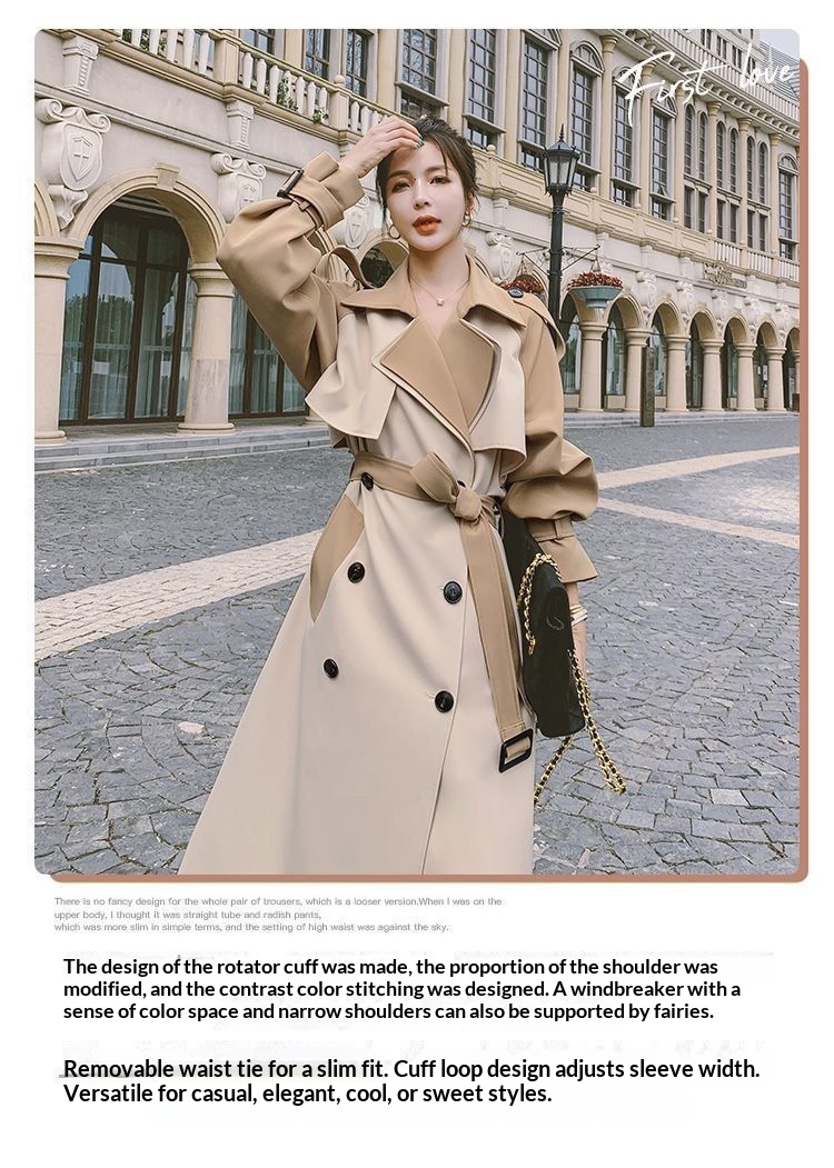 Modischer, eleganter Trenchcoat für Damen, mittellang, Herbst 2022, neuer Stil, Farbblock-Design, Overknee-Schnitt_voghion.com