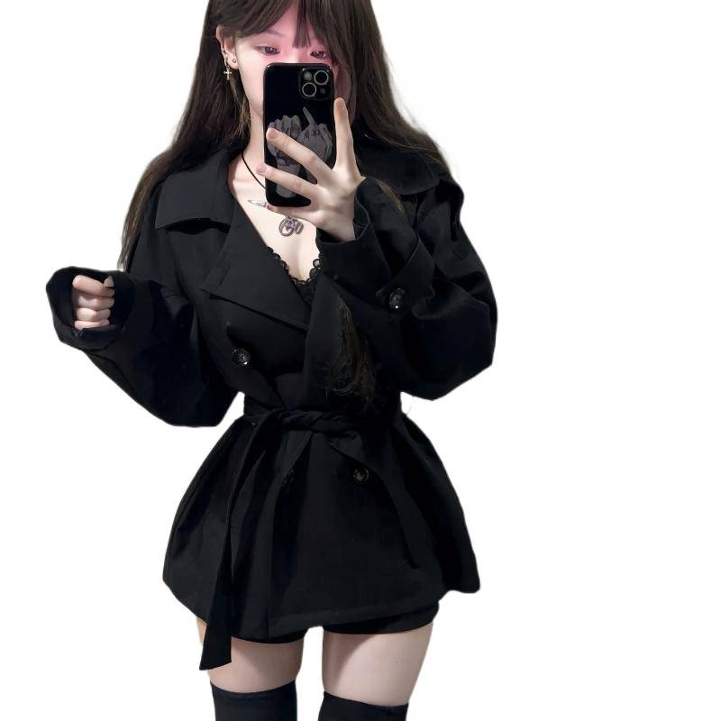 Women's Clothing Women's British Short Trench Coat Black Double-Breasted Petite Women Autumn Winter New High-End Waist-Cinching Little_voghion.com