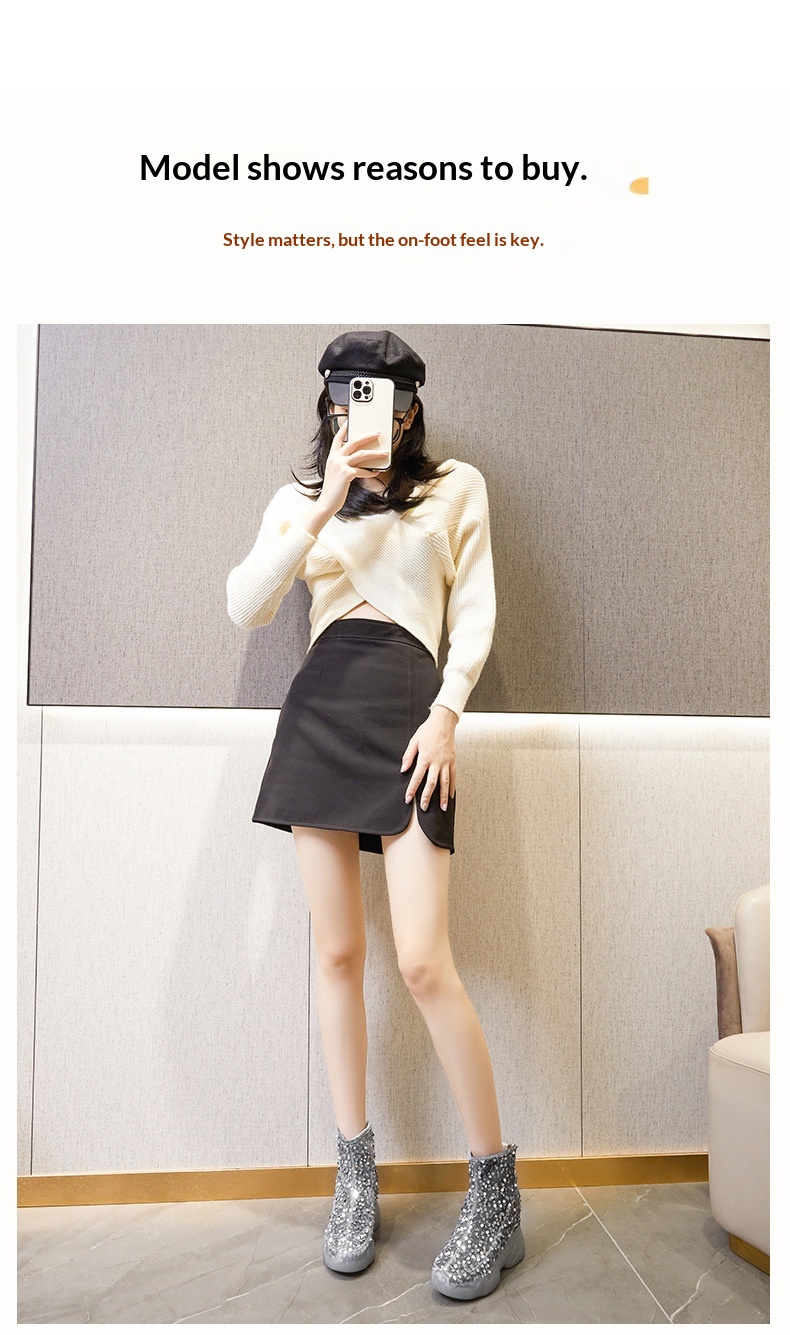 Scarpe con tacco alto ShoeGlobe da donna, nuovo design di nicchia per autunno e inverno, a metà polpaccio, foderate in pile, alla moda, in cotone versatile con paillettes_voghion.com