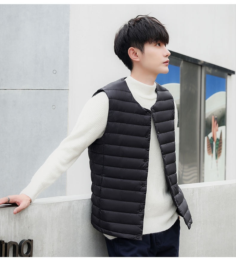 boy Pinghu Chixin 90% Fleece Solid Color New Men's V-Neck Round Neck Vest Down Jacket Large Size Coat_voghion.com