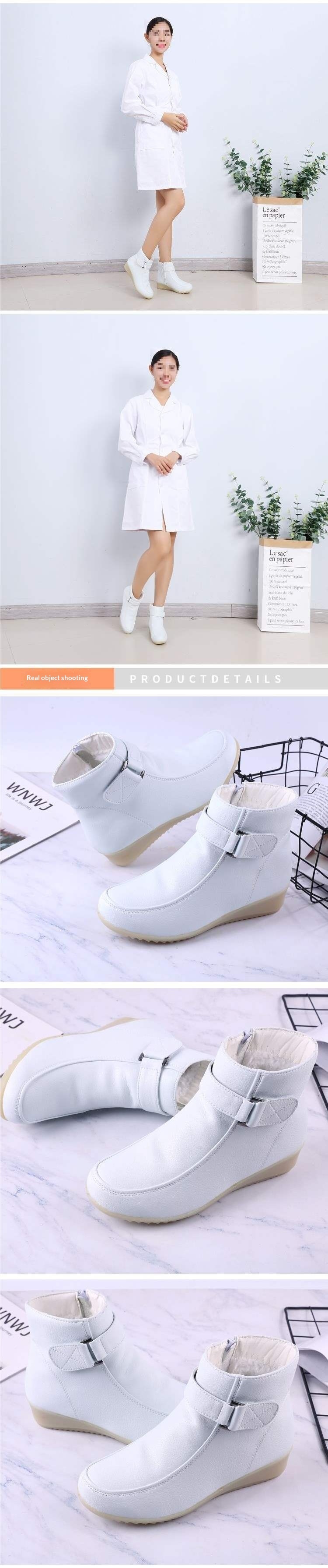 ShoeGlobe ShoeGlobe White Nure Winter Cotton Wedge Heel Cowhide Sole Fleece-Lined Short Boot Women Non-Slip Warm Caual Hopital Work_voghion.com