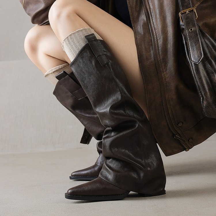 ShoeGlobe Echtleder-Version! Schwarze, gerade geschnittene Overknee-Reitstiefel für Damen mit spitzer Zehenpartie und erhöhter Körpergröße._voghion.com