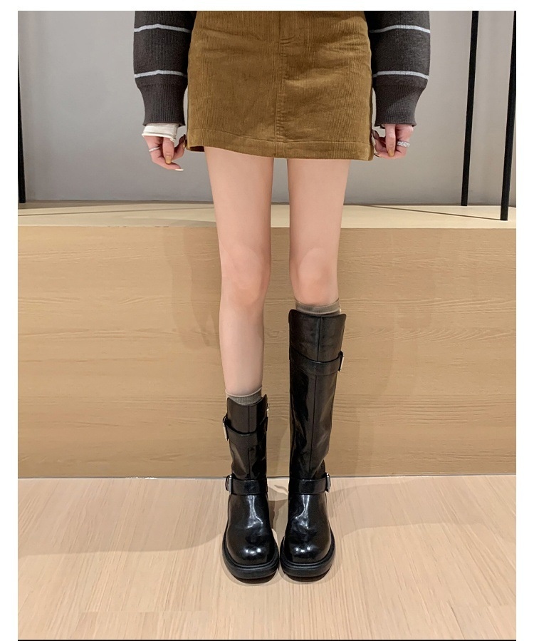 ShoeGlobe Decadent Button für neue vielseitige Retro-Faltenstiefel mit dickem Absatz, hohem Schaft, schmaler Form, langem Absatz, Damen-Kurzstiefel_voghion.com