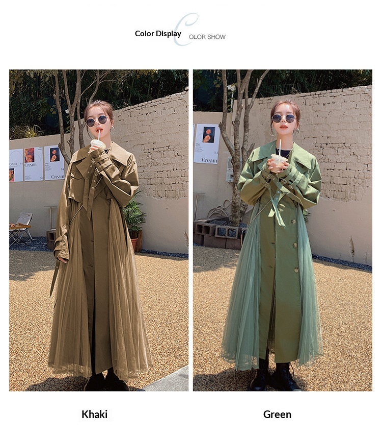 Women's Clothing Large Stock Available Spring And Autumn Khaki Trench For Women French Style Loose Mesh Patchwork Casual Elegant Coat_voghion.com