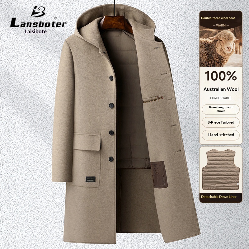Trench-coat long homme en laine 100 % pour l'automne et l'hiver, à capuche double face et doublure en duvet._voghion.com