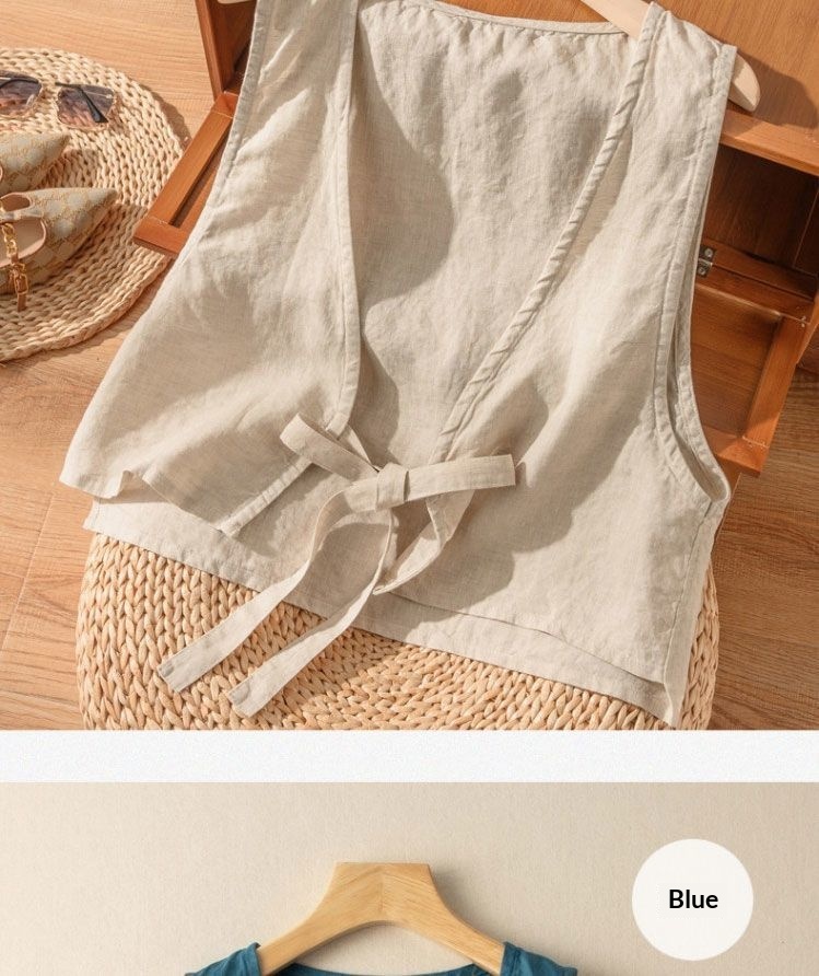 Women's Vintage Artistic British Style Sleeveless Linen V-neck Blazer Vest For Women 2025 Summer New Fashionable Jacket Top_voghion.com