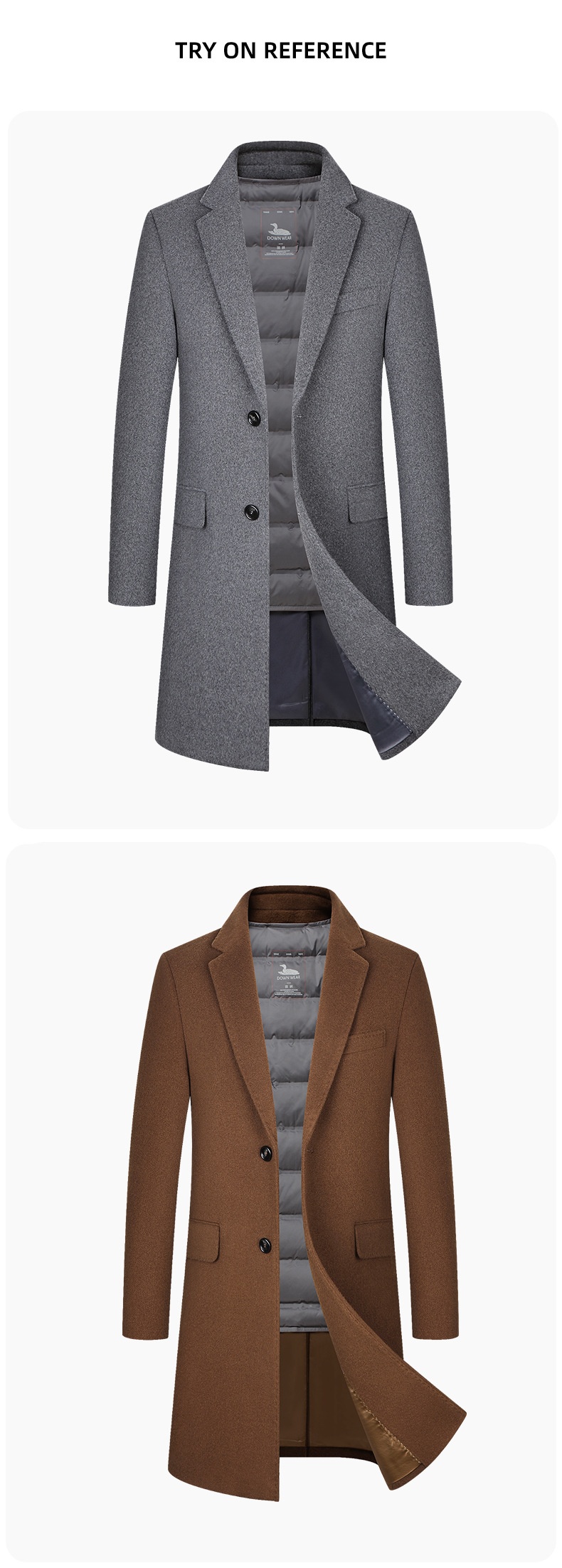 Trench-coat mi-long en laine pour homme, 100 % coton, intérieur en duvet de canard, idéal pour l'automne et l'hiver._voghion.com