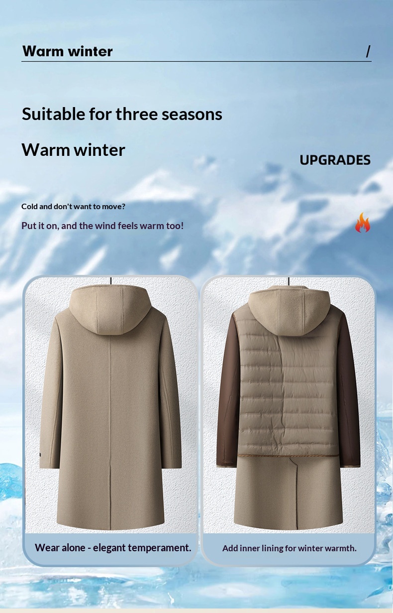 Trench-coat long homme en laine 100 % pour l'automne et l'hiver, à capuche double face et doublure en duvet._voghion.com