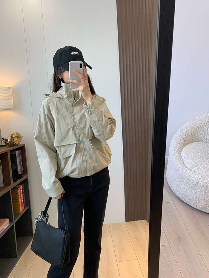 Women's Clothing Lu+ Lightweight Slimming Windproof Outdoor Long Sleeve Casual Sports Hooded Workwear Trench Coat Short Jacket_voghion.com
