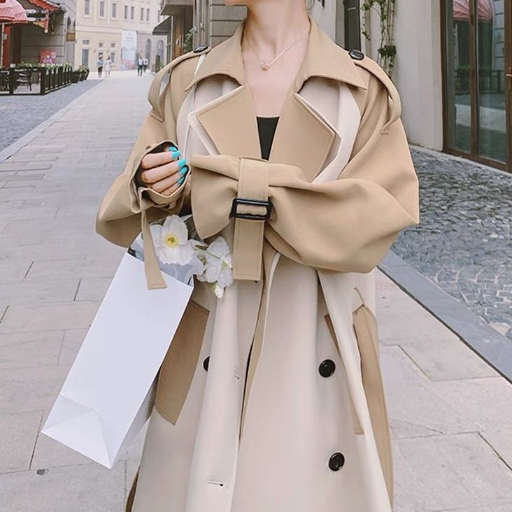 Modischer, eleganter Trenchcoat für Damen, mittellang, Herbst 2022, neuer Stil, Farbblock-Design, Overknee-Schnitt_voghion.com