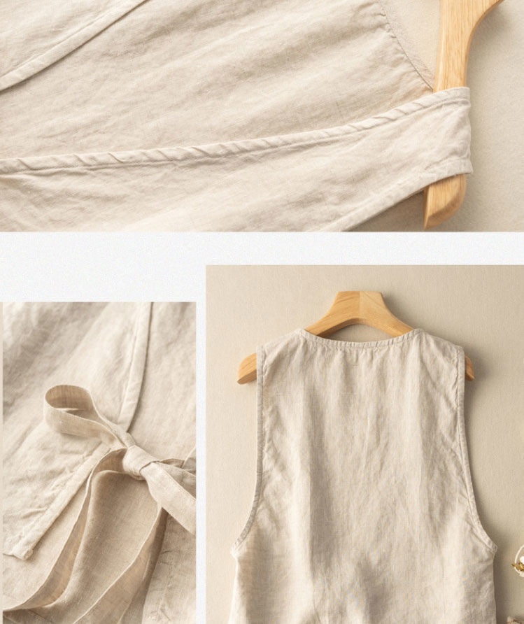 Women's Vintage Artistic British Style Sleeveless Linen V-neck Blazer Vest For Women 2025 Summer New Fashionable Jacket Top_voghion.com