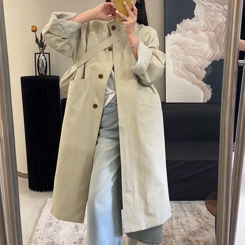 Damenbekleidung Damenbekleidung Damenbekleidung Eleganter, einreihiger Trenchcoat mit Stehkragen in mittlerer Länge, hochwertiger koreanischer Stil, locker geschnitten_voghion.com