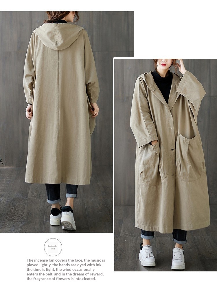 2024 Autumn New Artistic Loose Plus Size Over-the-Knee Long Large Pocket Trench Coat For Women With Hooded Commuter Casual_voghion.com