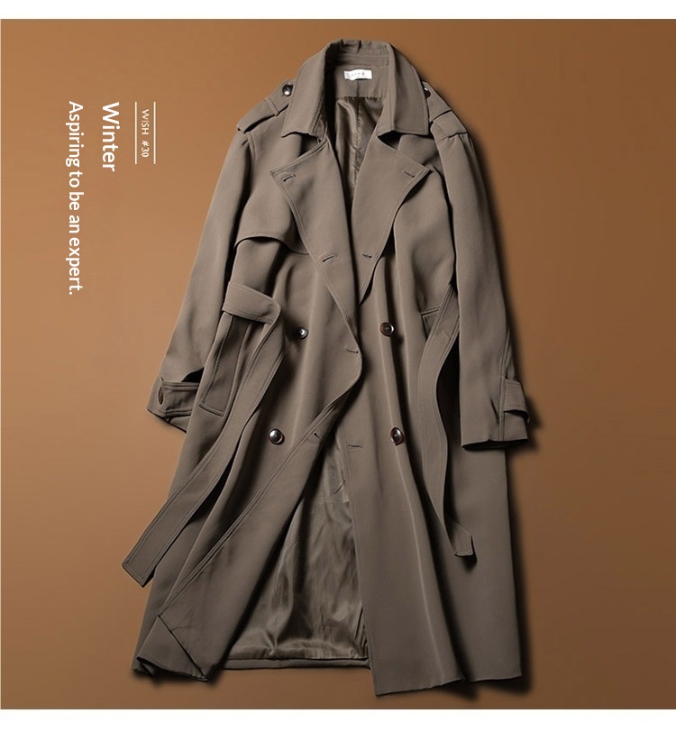 Women's British Style Lapel Mid-Length Trench Coat For Men, Spring And Autumn, Draped Double-Breasted Loose Oversized Long Coat_voghion.com