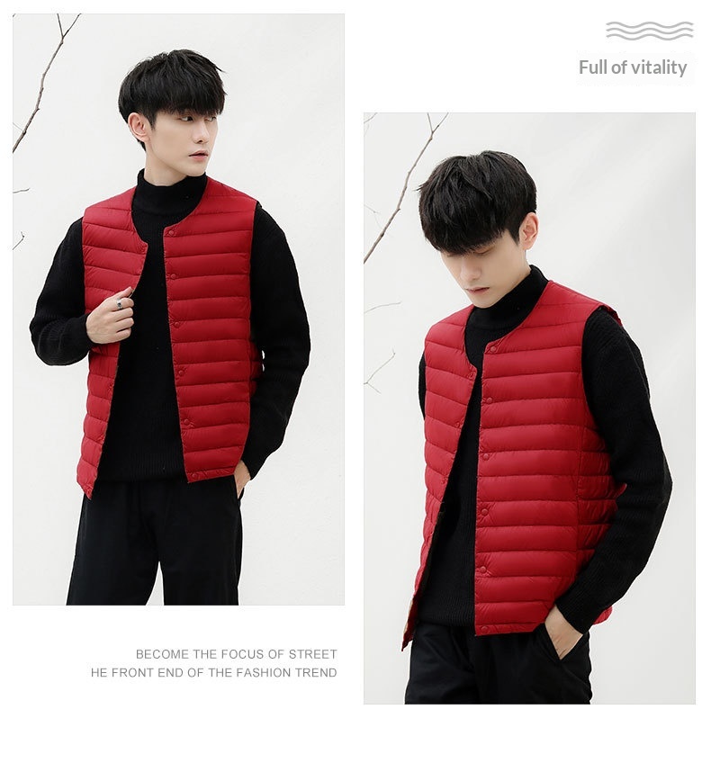boy Pinghu Chixin 90% Fleece Solid Color New Men's V-Neck Round Neck Vest Down Jacket Large Size Coat_voghion.com