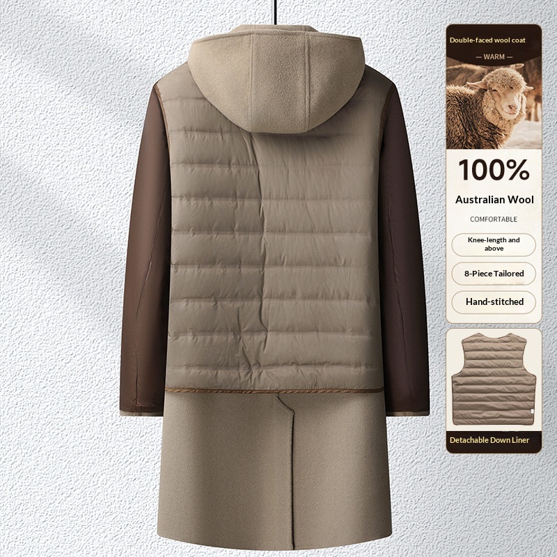 Trench-coat long homme en laine 100 % pour l'automne et l'hiver, à capuche double face et doublure en duvet._voghion.com