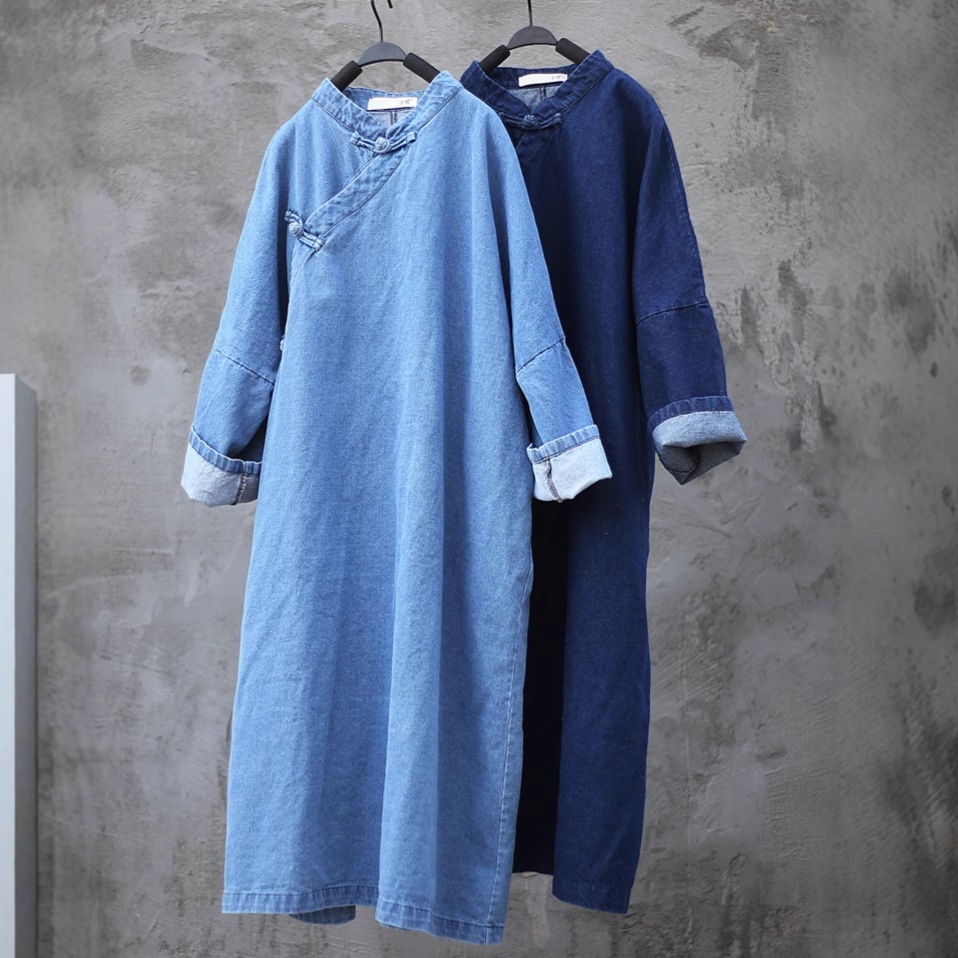 Damen Asymmetrischer, geknöpfter, langer, lockerer Denim-Trenchcoat im Zen-Stil, Vintage-Look, einfarbig_voghion.com