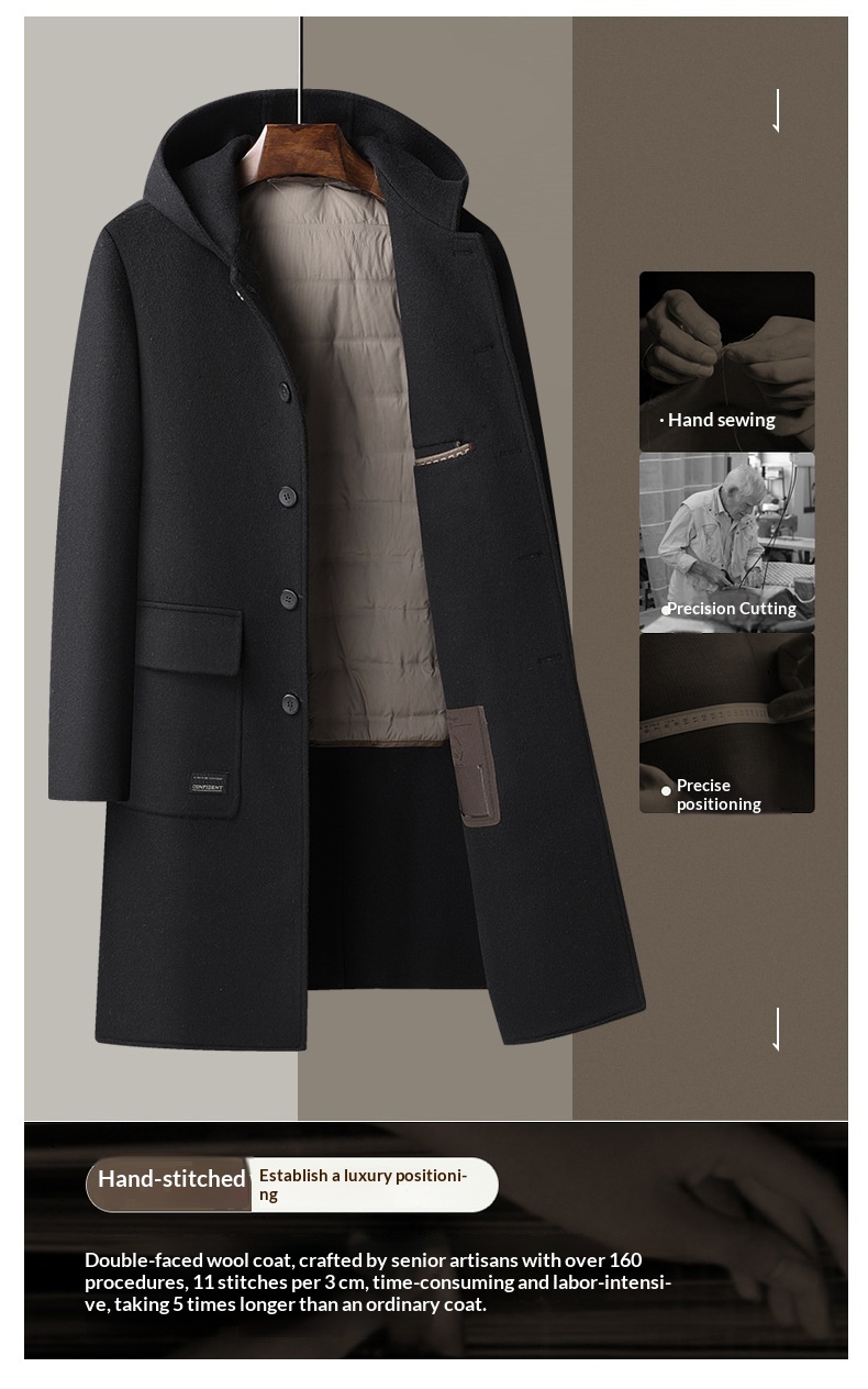 Trench-coat long homme en laine 100 % pour l'automne et l'hiver, à capuche double face et doublure en duvet._voghion.com