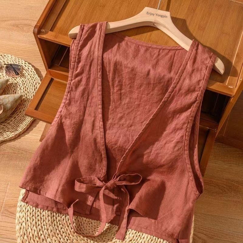 Women's Vintage Artistic British Style Sleeveless Linen V-neck Blazer Vest For Women 2025 Summer New Fashionable Jacket Top_voghion.com