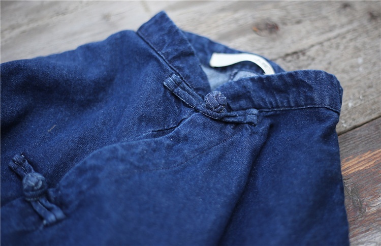 Damen Asymmetrischer, geknöpfter, langer, lockerer Denim-Trenchcoat im Zen-Stil, Vintage-Look, einfarbig_voghion.com