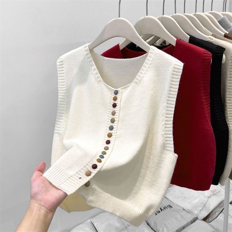 2025 Lente Trend Chic Regenboog Knoop Vest Gelaagde Cardigan Trui Voor Vrouwen Hoogwaardige Grijze Gebreide_voghion.com