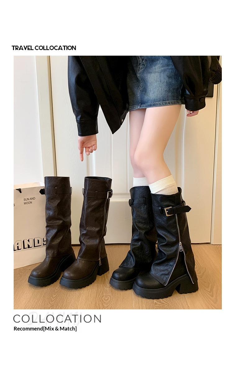 ShoeGlobe Damen-Reitstiefel im postapokalyptischen Stil mit dicker Sohle, runder Zehenpartie und langem Schaft, Xinjiang-Stil, neue schwarze, figurformende Sommer-Reitstiefel_voghion.com