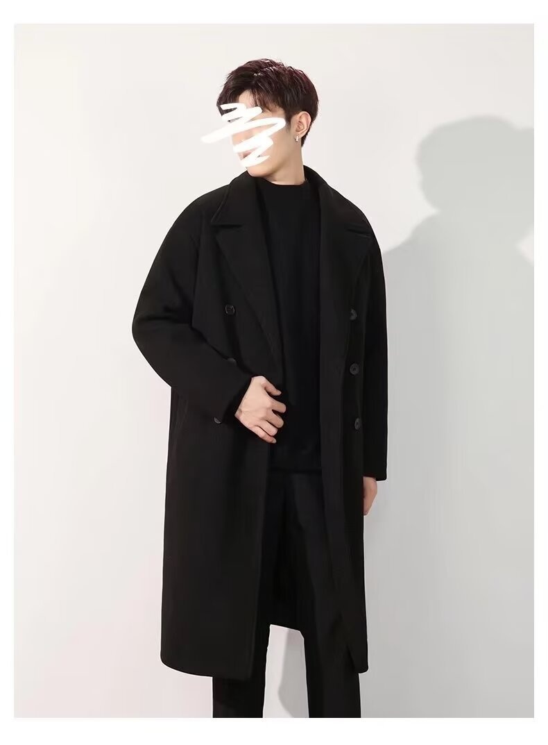 boy Boy Trench Double-Breasted Black Mid-Length Coat Men's Autumn Winter Woolen Jacket_voghion.com