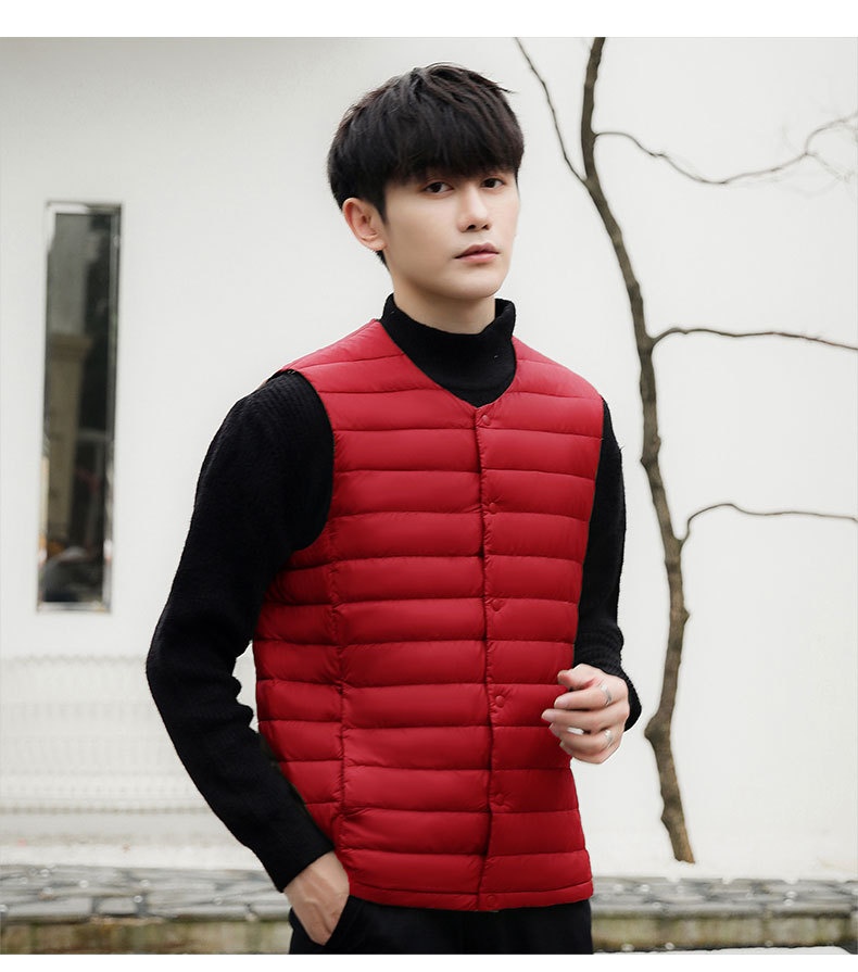 boy Pinghu Chixin 90% Fleece Solid Color New Men's V-Neck Round Neck Vest Down Jacket Large Size Coat_voghion.com