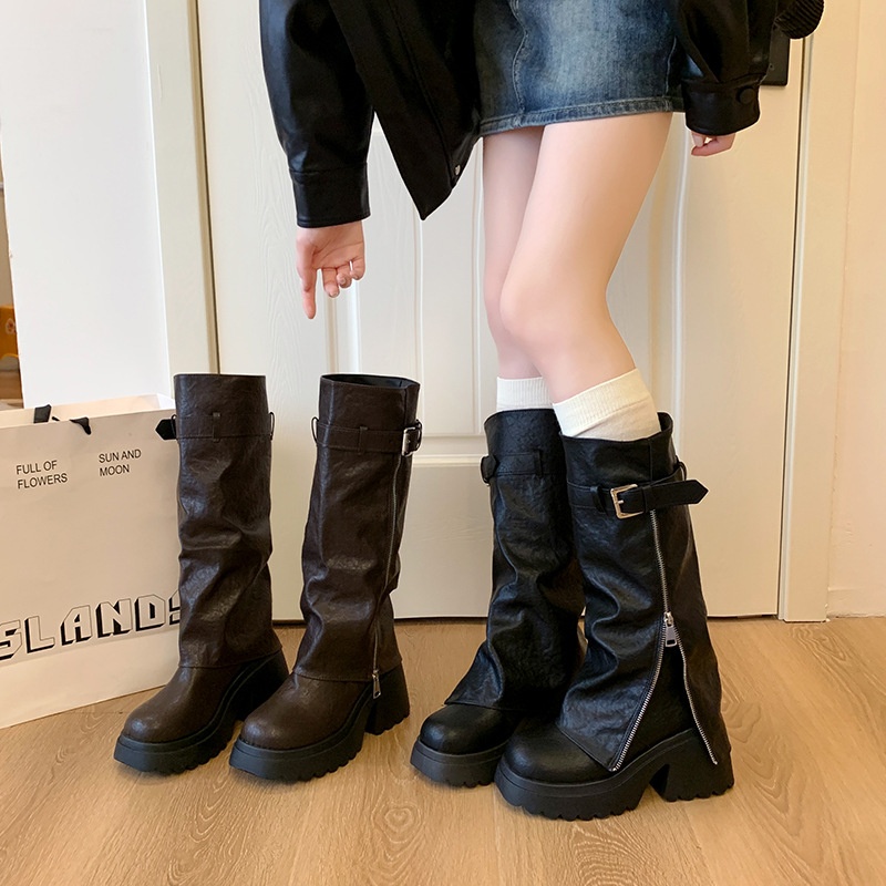 ShoeGlobe Damen-Reitstiefel im postapokalyptischen Stil mit dicker Sohle, runder Zehenpartie und langem Schaft, Xinjiang-Stil, neue schwarze, figurformende Sommer-Reitstiefel_voghion.com