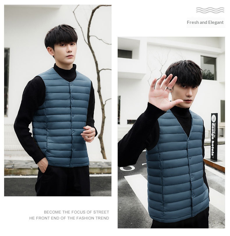 boy Pinghu Chixin 90% Fleece Solid Color New Men's V-Neck Round Neck Vest Down Jacket Large Size Coat_voghion.com