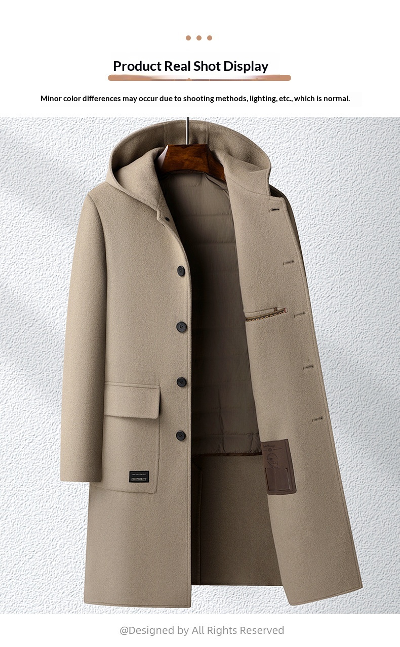 Trench-coat long homme en laine 100 % pour l'automne et l'hiver, à capuche double face et doublure en duvet._voghion.com