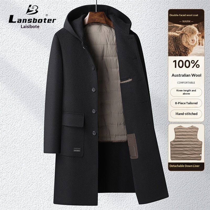 Trench-coat long homme en laine 100 % pour l'automne et l'hiver, à capuche double face et doublure en duvet._voghion.com