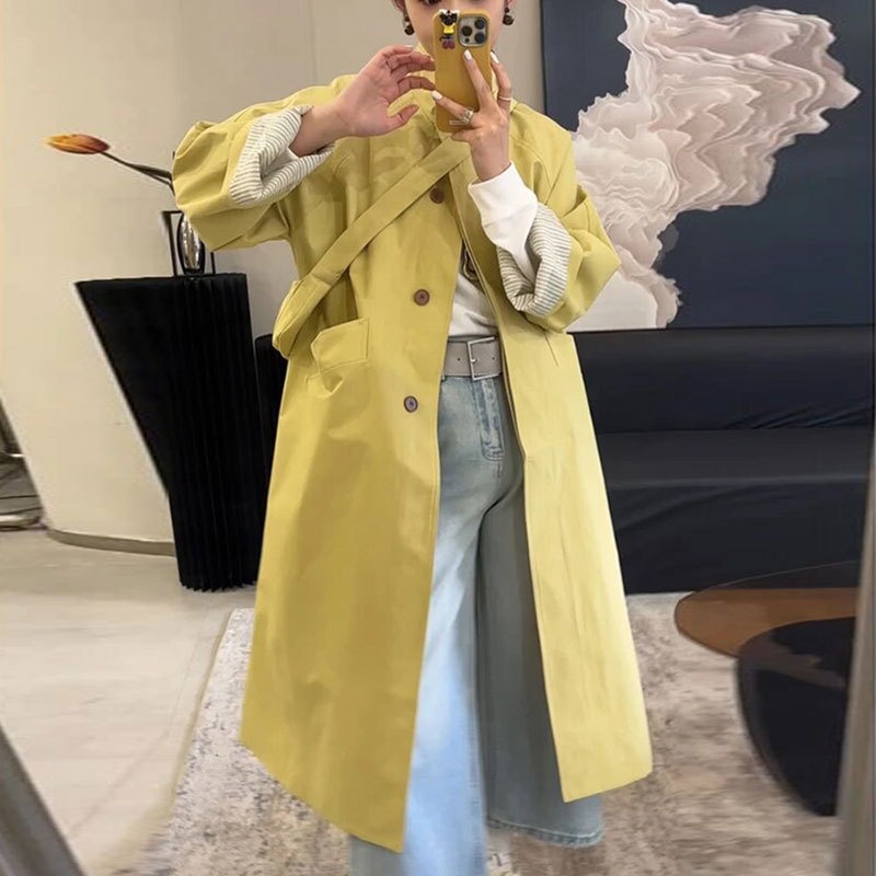 Damenbekleidung Damenbekleidung Damenbekleidung Eleganter, einreihiger Trenchcoat mit Stehkragen in mittlerer Länge, hochwertiger koreanischer Stil, locker geschnitten_voghion.com