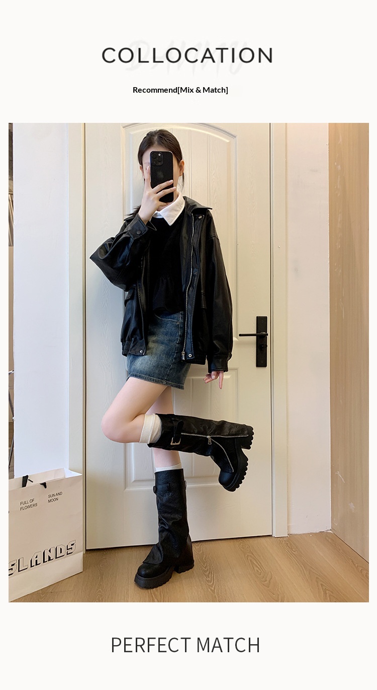 ShoeGlobe Damen-Reitstiefel im postapokalyptischen Stil mit dicker Sohle, runder Zehenpartie und langem Schaft, Xinjiang-Stil, neue schwarze, figurformende Sommer-Reitstiefel_voghion.com