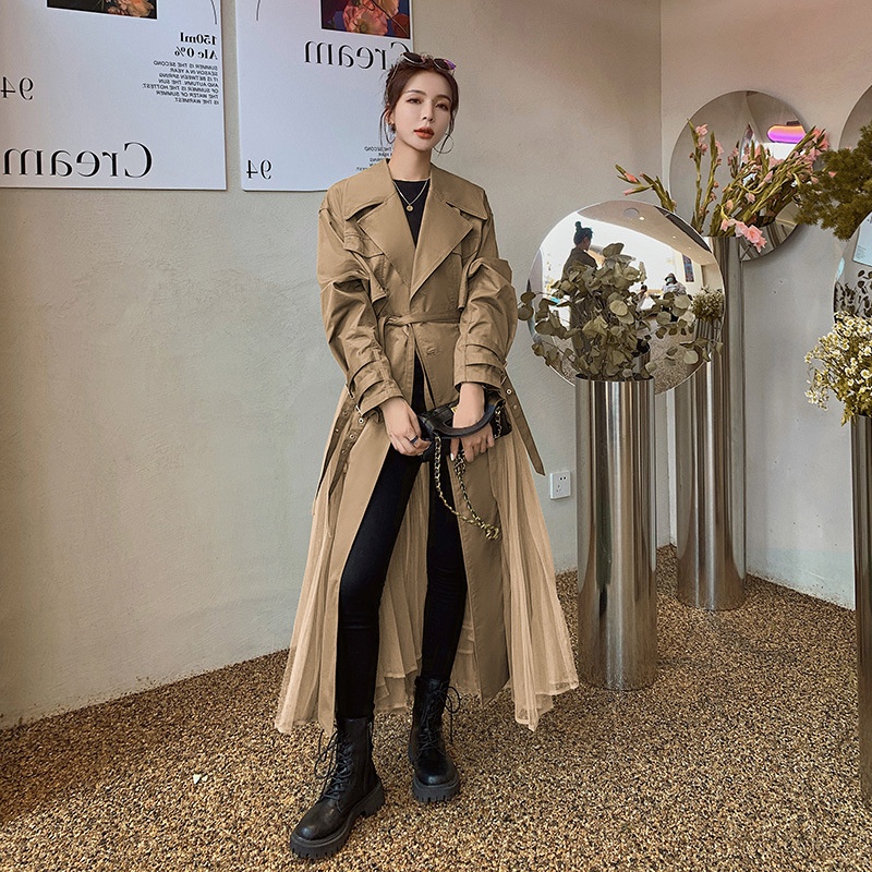 Women's Clothing Large Stock Available Spring And Autumn Khaki Trench For Women French Style Loose Mesh Patchwork Casual Elegant Coat_voghion.com