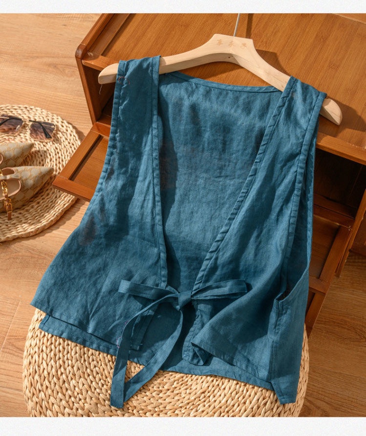 Women's Vintage Artistic British Style Sleeveless Linen V-neck Blazer Vest For Women 2025 Summer New Fashionable Jacket Top_voghion.com