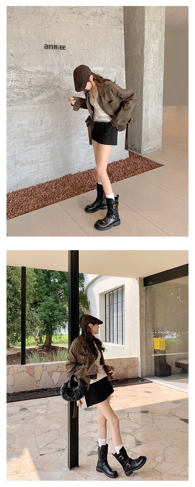 ShoeGlobe Decadent Button für neue vielseitige Retro-Faltenstiefel mit dickem Absatz, hohem Schaft, schmaler Form, langem Absatz, Damen-Kurzstiefel_voghion.com