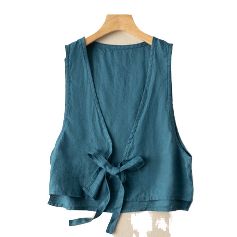 Women's Vintage Artistic British Style Sleeveless Linen V-neck Blazer Vest For Women 2025 Summer New Fashionable Jacket Top_voghion.com