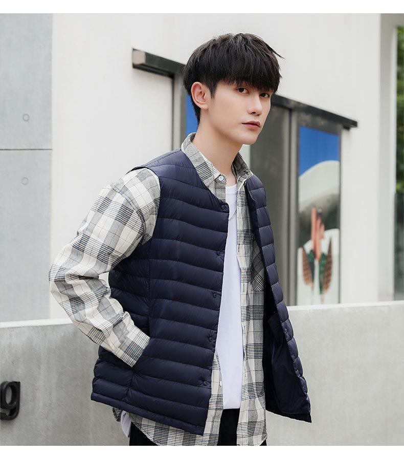 boy Pinghu Chixin 90% Fleece Solid Color New Men's V-Neck Round Neck Vest Down Jacket Large Size Coat_voghion.com