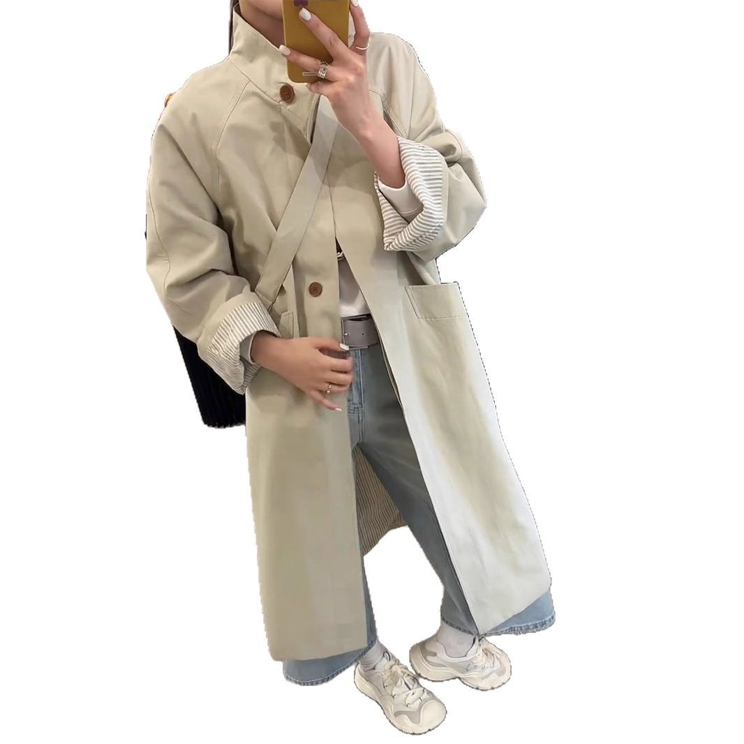 Damenbekleidung Damenbekleidung Damenbekleidung Eleganter, einreihiger Trenchcoat mit Stehkragen in mittlerer Länge, hochwertiger koreanischer Stil, locker geschnitten_voghion.com