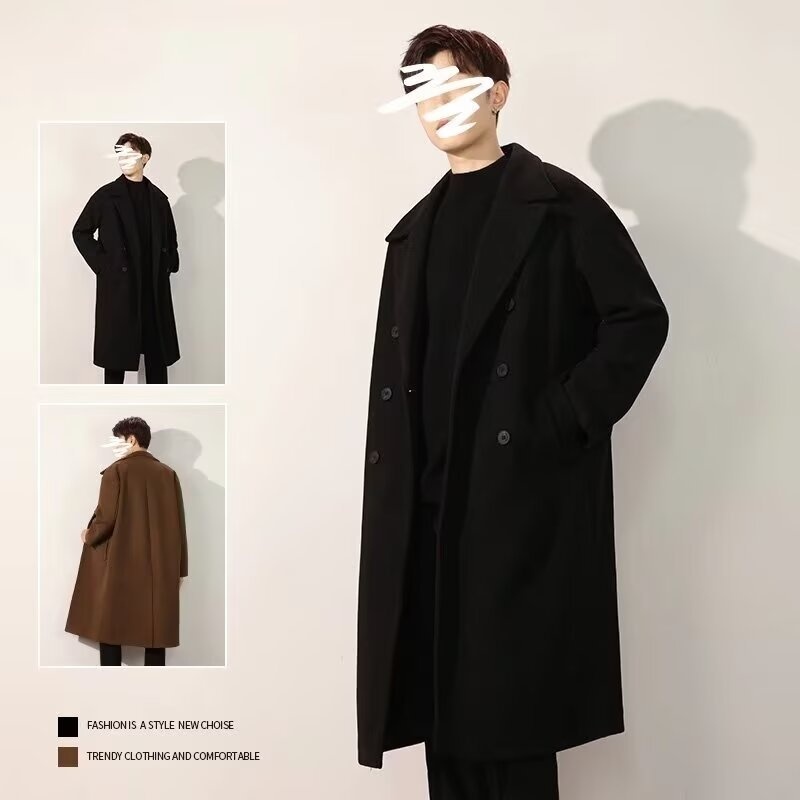 boy Boy Trench Double-Breasted Black Mid-Length Coat Men's Autumn Winter Woolen Jacket_voghion.com