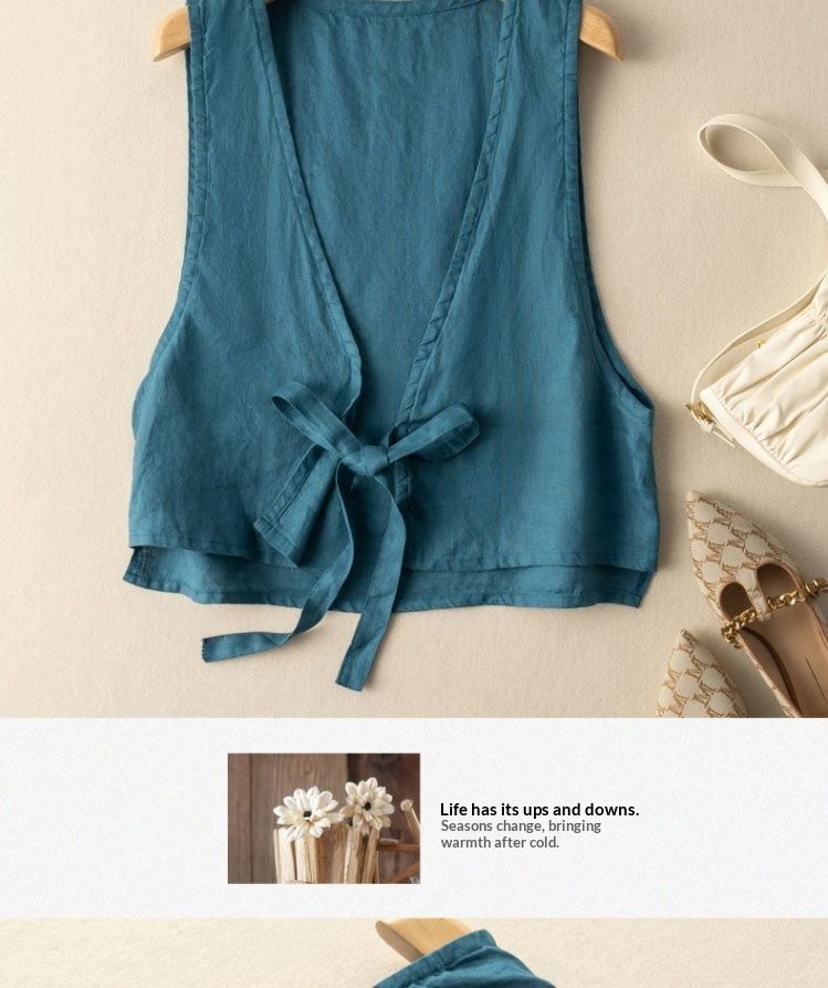 Women's Vintage Artistic British Style Sleeveless Linen V-neck Blazer Vest For Women 2025 Summer New Fashionable Jacket Top_voghion.com
